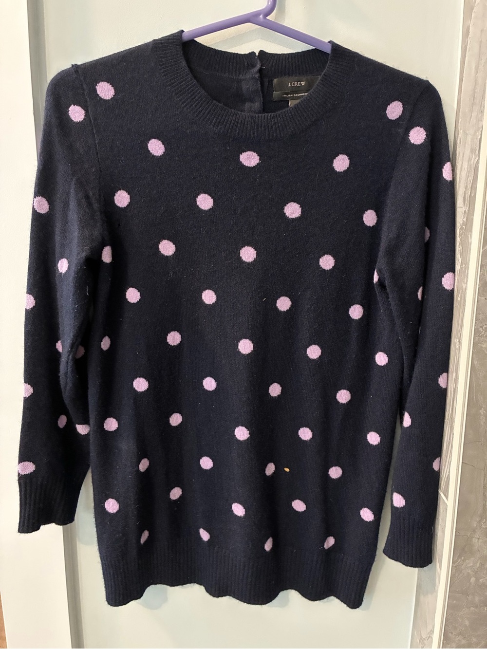 J. Crew Navy Polka Dot Crewneck Sweater with Lilac Spots
